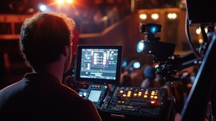 Back view of a technician operating a video switcher and audio mixer during a live show.