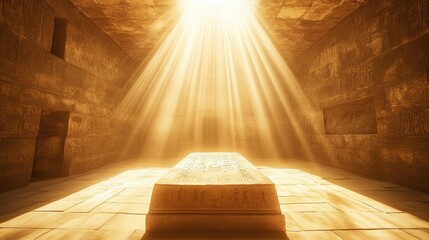 Wall Mural - A sunlit ancient tomb with a stone sarcophagus illuminated by rays of light.