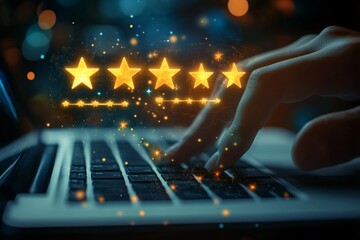 Aufkleber - Close up of a hand above a laptop with glowing icons symbolizing quality and digital excellence