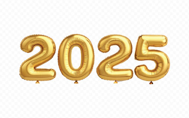 Poster - abstract 3d 2025 text made with different golden colour hellium balloons isolated on white background