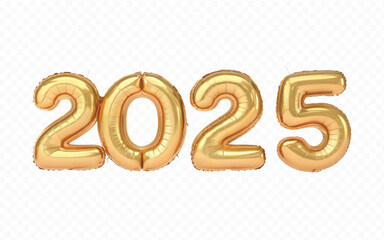 Poster - abstract 3d 2025 text made with different golden colour hellium balloons isolated on white background