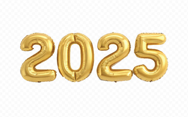 Poster - abstract 3d 2025 text made with different golden colour hellium balloons isolated on white background