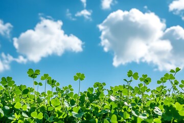 green clover leaves on a field with blue sky in the background