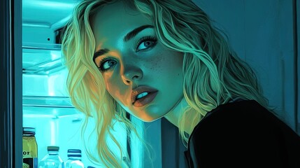 Canvas Print - Close Up Blonde Woman Face In Front Glowing fridge at night