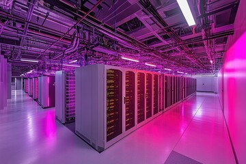Poster - Exploring a Modern Data Center: Servers, Networks, and Infrastructure in Vibrant Pink Lighting