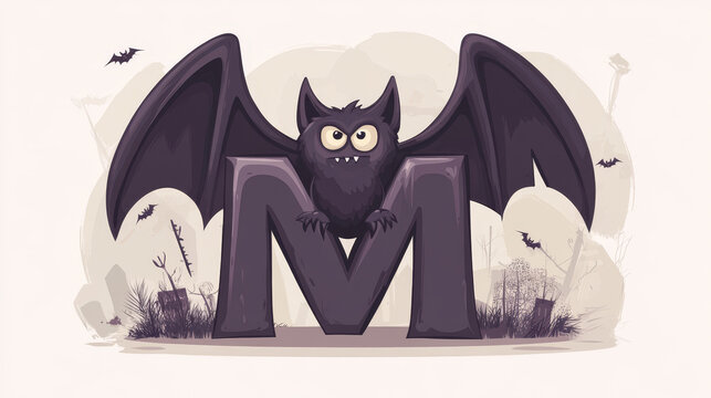Halloween font, letter M as monster bat gargoyle for horror cartoon alphabet, vector character. Halloween holiday font, ABC type or spooky typeface of letter M as scary vampire bat for horror font