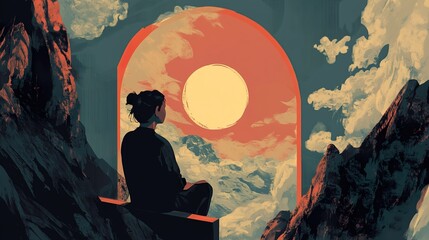 Canvas Print - Woman Contemplating a Serene Mountain Sunset