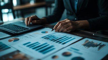Poster - Finance data analytics, bar chart line icon. Company strategy data infographics, business performance analysis or finance statistic analytics linear vector icon with column chart