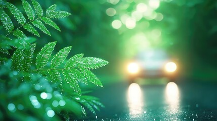 Poster - Mystical lush idea. A car emerges through a lush green forest with rain-soaked ferns in the foreground.