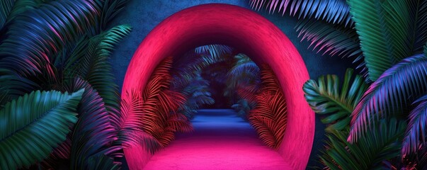 Poster - Mystical lush idea. A vibrant tunnel adorned with lush greenery and vivid colors creating a surreal atmosphere.