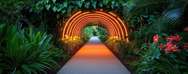 Poster - Mystical lush idea. A vibrant garden pathway with glowing arches under lush greenery and blooming flowers.