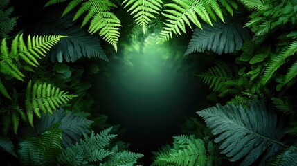 Poster - Mystical nature concept. A vibrant collection of lush green ferns framing a serene natural space.