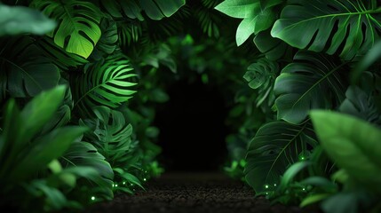 Poster - Mystical tropical concept. A lush green pathway surrounded by vibrant tropical leaves leading to a mysterious darkness.