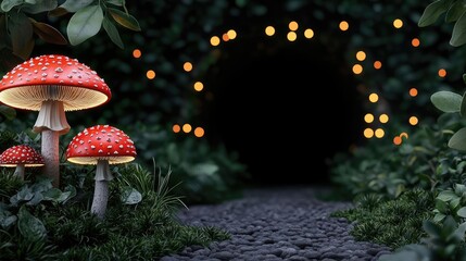 Poster - Mystical nature concept. Enchanting scene of mushrooms with glowing lights in a dark, lush environment.