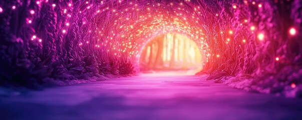 Aufkleber - Mystical lush idea. A vibrant forest path illuminated by pink and purple glowing lights.