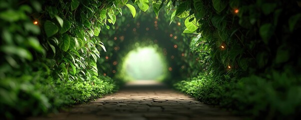 Poster - Mystical lush idea. A serene pathway through lush green foliage leading to a bright, inviting light.