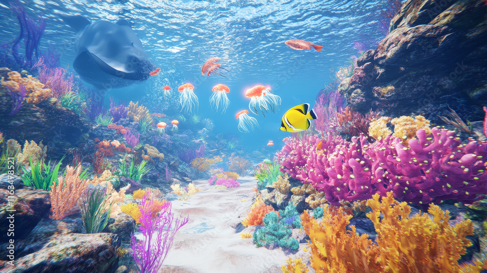 Underwater landscape game background with sea animals characters on ...