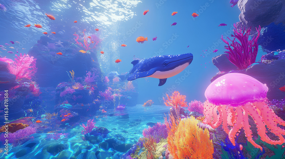 Underwater landscape game background with sea animals characters on ...