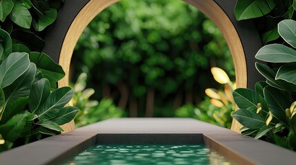 Poster - Mystical tropical concept. A serene garden view with lush greenery and a tranquil water feature.