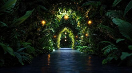 Aufkleber - Mystical tropical concept. A serene pathway illuminated by soft lights, surrounded by lush, vibrant greenery.