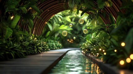 Poster - Mystical tropical concept. A tranquil pathway through lush greenery, illuminated by soft lights and nature's bounty.