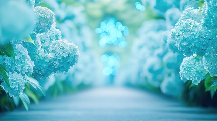 Poster - Mystical lush idea. A serene pathway lined with blooming blue hydrangeas, creating a dreamy floral ambiance.