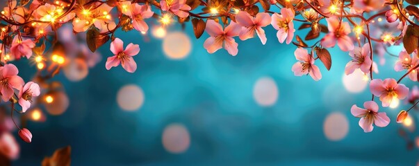 Poster - Mystical nature concept. Beautiful cherry blossom with glowing lights on a serene blue background.