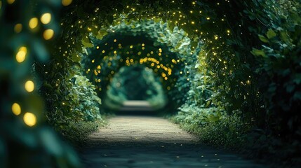 Poster - Mystical nature concept. A dreamy illuminated pathway surrounded by lush greenery and enchanting lights.