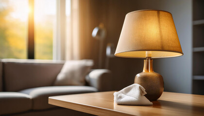 Wall Mural - A close-up view captures the soft glow of a table lamp with a dusty base being cleaned. A cloth glides effortlessly, revealing its shine in a tidy space filled with warm afternoon light