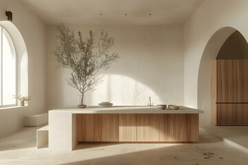 3D render of a wooden kitchen interior