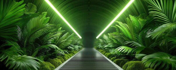 Poster - Mystical tropical concept. A lush, green tunnel lined with vibrant leaves and illuminated by neon lights.