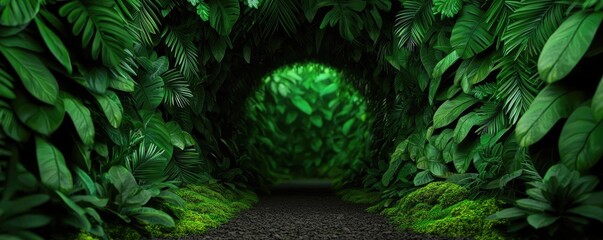Poster - Mystical lush idea. A vibrant green tunnel formed by lush tropical leaves and foliage in a serene environment.