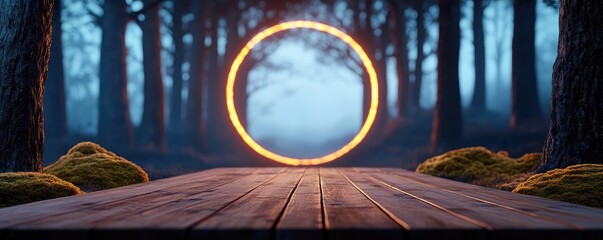 Poster - Mystical nature concept. Ethereal foggy forest with glowing circular portal over wooden platform.