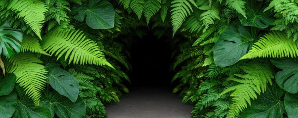 Poster - Mystical lush idea. A lush green tunnel of ferns leading to a mysterious dark space, evoking tranquility.