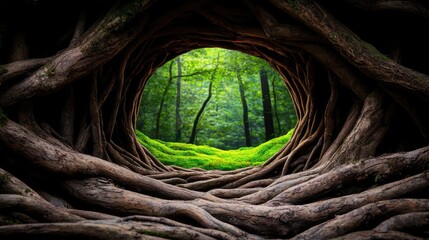 Aufkleber - Mystical nature concept. A captivating view through twisted tree roots into a vibrant green forest.
