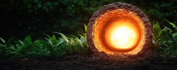 Poster - Mystical nature concept. Illuminated hollow log with glowing light surrounded by lush green foliage.