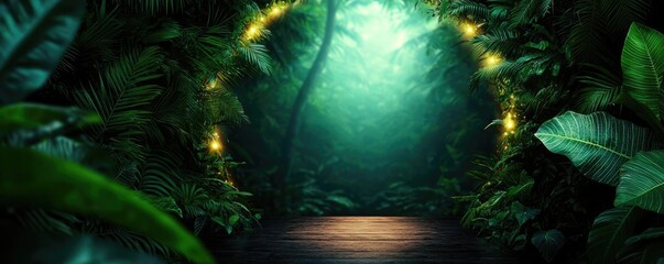 Poster - Mystical tropical concept. Mysterious forest scene with lush greenery and ambient glowing lights illuminating the path.