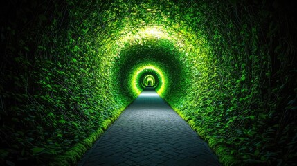Poster - Mystical nature concept. A serene path through a vibrant green tunnel of lush foliage and soft lighting.