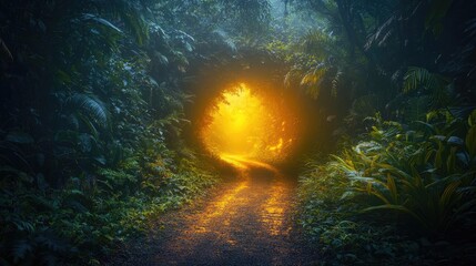 Poster - Mystical lush idea. A mystical path through the lush forest leading to a glowing light in the distance.