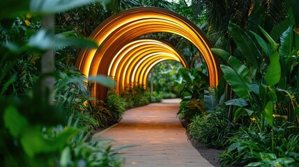 Poster - Mystical lush idea. A scenic pathway illuminated by glowing arches amidst lush greenery.