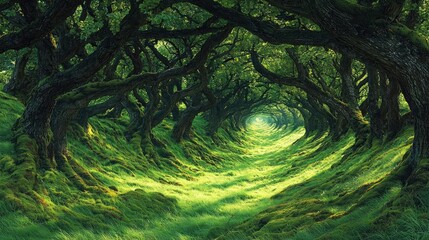 Poster - Mystical lush idea. A mesmerizing forest path illuminated by soft sunlight through vibrant green foliage.