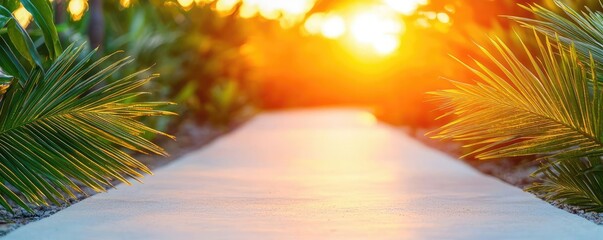 Poster - Mystical tropical concept. A serene sunset illuminating a palm-lined pathway in a tropical location.