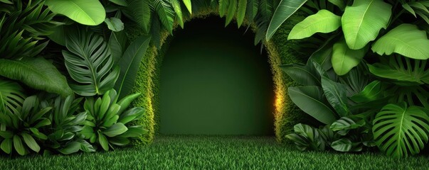 Poster - Mystical tropical concept. A lush green archway surrounded by vibrant foliage in a serene environment.