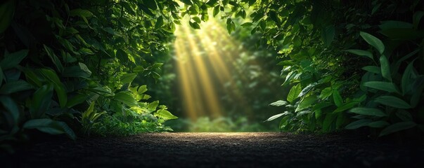 Poster - Mystical nature concept. A serene forest path illuminated by sunlight filtering through lush greenery.