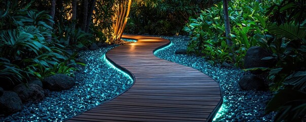 Poster - Mystical tropical concept. A serene wooden pathway illuminated by soft lights amidst lush greenery at night.