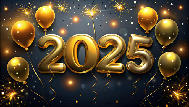 Luxury Happy New Year 2025 wallpaper Golden Balloons and Black Background