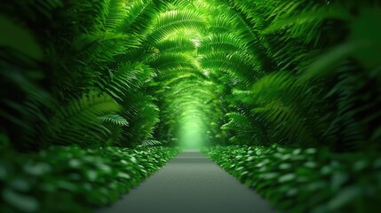 Poster - Mystical lush idea. A serene pathway surrounded by lush greenery and vibrant ferns, inviting tranquility.