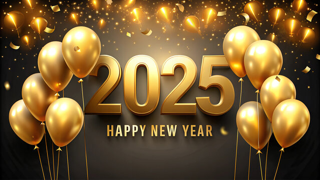 Happy New Year 2025 Golden Balloons on Black and Gold Wallpaper Background