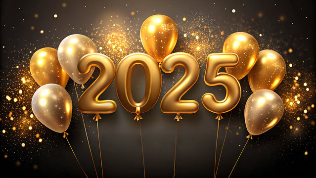 Happy New Year 2025 Golden Balloons on Black and Gold Wallpaper Background