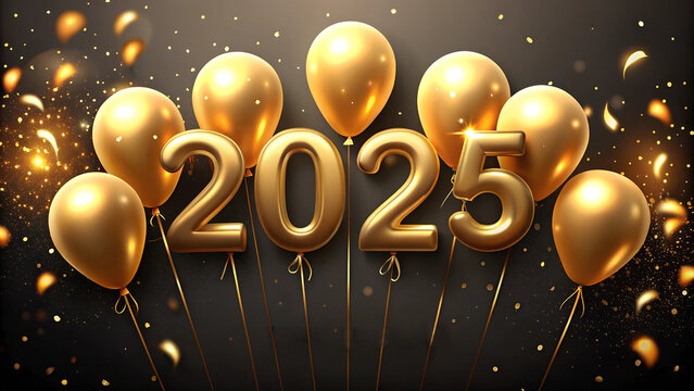 Happy New Year 2025 with golden balloons Black and Gold Wallpaper Background